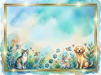 Watercolor illustration of cat, dog, and rabbit surrounded by flowers, plants, and paw prints in gold frame border on isolated white background, suitable for nursery decor, greeting cards, and children's designs.