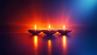 Three glowing diya lamps with burning flames casting warm reflections against dark background with red and blue mystical lighting effects for Diwali celebration.