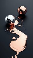Melting metallic spheres with liquid copper spill on dark surface creating abstract modern art composition for luxury design projects.