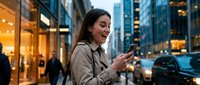 Young professional woman using smartphone on busy city street at dusk with glowing storefronts and urban lights creating warm evening atmosphere.