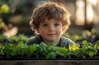 Young caucasian child with curly hair and warm smile peeks through green garden plants during golden hour, creating heartwarming outdoor portrait in natural lighting.
