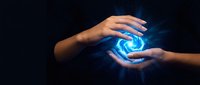 Two hands passing glowing blue energy orb against dark background, representing power transfer, innovation, technology sharing, and digital connection for business concepts.