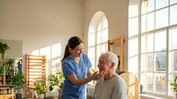 Female healthcare worker in blue scrubs providing compassionate care to elderly male patient in bright rehabilitation room with medical equipment.