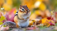 Adorable chipmunk with puffy cheeks sitting among colorful autumn leaves in forest. Wildlife in natural fall habitat.