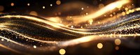 Glowing golden waves with sparkling particles and bokeh effects flowing on dark background create magical festive atmosphere for luxury designs.