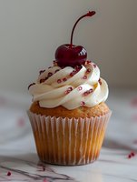 Delicious vanilla cupcake with white frosting topped with red cherry and sprinkles on neutral background for bakery and dessert marketing materials.