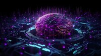 Glowing purple brain with digital circuit patterns and data streams on dark tech background, representing artificial intelligence, machine learning, and neural networks for technology concepts.