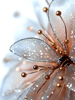 Delicate copper flower with crystalline petals and spherical stamens covered in sparkling frost and snow, macro photography against soft winter background.