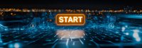 Glowing start button on digital technology background with circuit patterns and futuristic interface elements in blue tones.