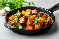 Tender beef stew with carrots and fresh herbs served in cast iron skillet on gray background, homemade comfort food recipe for dinner or lunch.