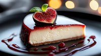 Slice of creamy cheesecake with chocolate crust topped with fresh fig heart shape and mint leaf, served on dark plate with berry sauce decoration.