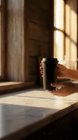 Hands holding black coffee cup in warm sunlight streaming through window onto wooden table creating cozy morning atmosphere for cafes and lifestyle brands.