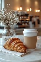 Fresh buttery croissant and takeaway coffee cup on marble table with baby breath flowers in vase. Soft bokeh cafe lights create cozy morning atmosphere.