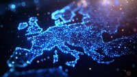 Glowing network connections forming Europe map with interconnected dots and lines against dark background with bokeh lights and digital technology effect.