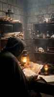 Hooded figure studying ancient manuscripts by lantern light in medieval alchemist laboratory with scrolls, potions and mystical artifacts on stone shelves.