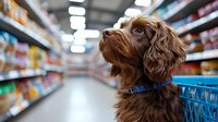 Brown Cocker Spaniel puppy with blue collar looking up while shopping in pet store aisle, blurred supermarket shelves background creates depth of field effect.