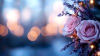 Pink roses and lavender sprigs against blurred bokeh lights background in soft dreamy atmosphere, romantic floral composition with gentle evening glow.