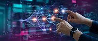 Businessman hands touching digital brain network with glowing connections representing artificial intelligence and machine learning technology concepts.