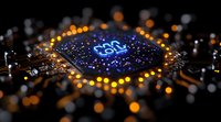Glowing SQL text on computer processor chip with orange and blue illuminated circuit paths, dark background with bokeh effect for database technology concept.