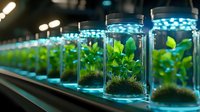 Green plant seedlings growing in illuminated glass jars lined up in laboratory environment with blue LED lights creating futuristic atmosphere for biotechnology research.