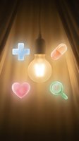 Glowing neon medical icons arranged around illuminated light bulb on warm brown curtain background. Healthcare, wellness, and innovation concept for medical websites and applications.