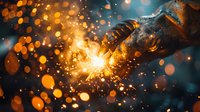 Dramatic sparks and glowing particles burst from metal grinding or welding process against dark background with orange bokeh lights creating industrial atmosphere.