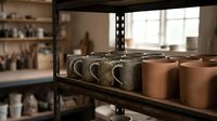 Ceramic mugs and cups arranged on industrial metal shelving in a modern kitchen or café setting with natural window light and blurred background storage.