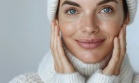 Young woman with natural makeup wearing white sweater touching face gently, showing clean glowing skin and gentle smile. Skincare and beauty concept.