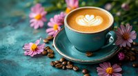 Turquoise cup of latte with heart pattern foam art surrounded by pink daisies and scattered coffee beans on rustic blue background, cozy morning atmosphere.