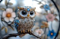 Decorative owl figurine with blue gemstones and intricate metalwork perched on branch against floral background, showcasing detailed craftsmanship and whimsical design.