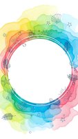Watercolor rainbow frame with tropical elements and seashells on white background for summer designs, invitations and greeting cards.