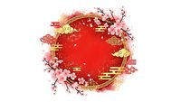 Red circular frame with cherry blossoms and golden decorative elements for Asian New Year celebrations and spring festival designs.