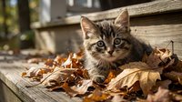 Tabby kitten with green eyes sitting among dried autumn leaves on wooden surface outdoors, suitable for pet and seasonal content.