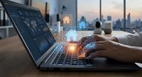 Professional using laptop for smart home automation control with holographic house icons and data analytics dashboard in modern office setting.
