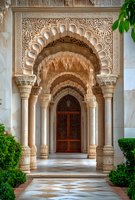 Ornate Moorish archway with intricate carved details leads to wooden door through multiple arched columns, featuring traditional Islamic architectural elements and decorative stonework.
