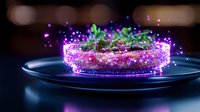 Magical glowing purple cocktail garnished with fresh herbs on dark plate, sparkling rim and ethereal light effects create mystical beverage presentation.
