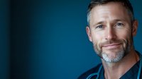 Confident mature Caucasian male with gray beard and bright smile against blue background, professional headshot style portrait showing genuine warmth and approachability.
