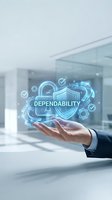 Business professional hand presenting holographic dependability shield with security icons in modern office environment for trust concepts.