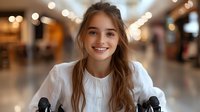 Young Caucasian woman in white blouse smiling warmly while sitting in wheelchair at shopping mall with blurred bokeh lights in background. Inclusive lifestyle concept.