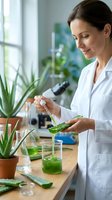 Middle-aged woman scientist in white lab coat extracting aloe vera gel into glass beaker for cosmetic or pharmaceutical research in laboratory setting.