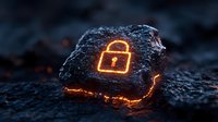Glowing orange padlock symbol on dark volcanic rock with molten lava cracks, representing cybersecurity and digital protection concepts in nature setting.