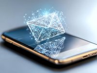 Digital glowing envelope icon floating above smartphone screen with sparkle effects and network connections, representing electronic mail communication.