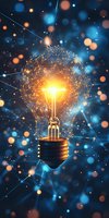 Glowing lightbulb surrounded by digital network connections and particles on dark background with orange and blue bokeh lights, symbolizing innovation and ideas.