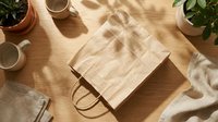 Blank kraft paper shopping bag with handles on wooden surface surrounded by potted plants and natural sunlight shadows for branding and packaging design.