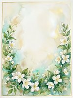 Watercolor floral frame with white jasmine flowers and green leaves on soft beige background, copy space for text, wedding or greeting card design.
