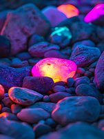 Glowing neon rocks scattered among dark pebbles, vibrant pink, teal and orange luminous stones creating a magical night scene.