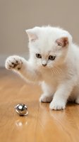 White fluffy kitten with cream-colored markings playing with a silver bell toy on wooden floor. Young cat reaching toward toy with paw raised, displaying playful behavior and curiosity.