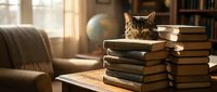 Adorable tabby kitten resting on stack of old books in cozy living room with warm sunlight streaming through window creating peaceful reading atmosphere.