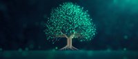 Glowing digital tree with luminous green foliage against dark background, symbolizing technology growth, artificial intelligence, and environmental innovation.
