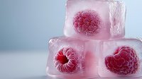 Frozen raspberries in ice cubes, creative food concept for summer drinks, desserts, and cocktail garnishes on light background.